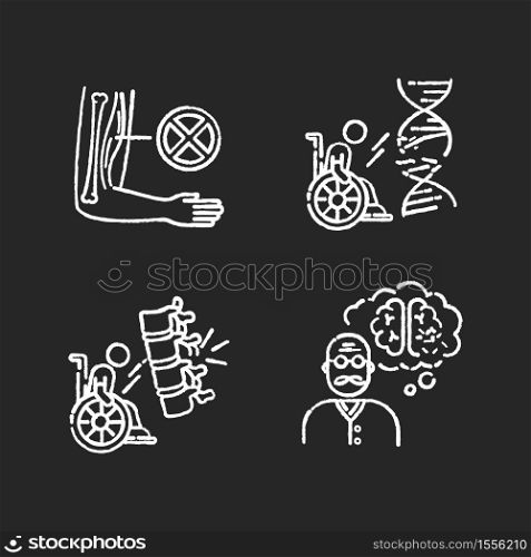 Disability chalk white icons set on black background. Muscular dystrophy. Chronic genetic disease. Paralyzed patient in wheelchair. Aging man with dementia. Isolated vector chalkboard illustrations. Disability chalk white icons set on black background