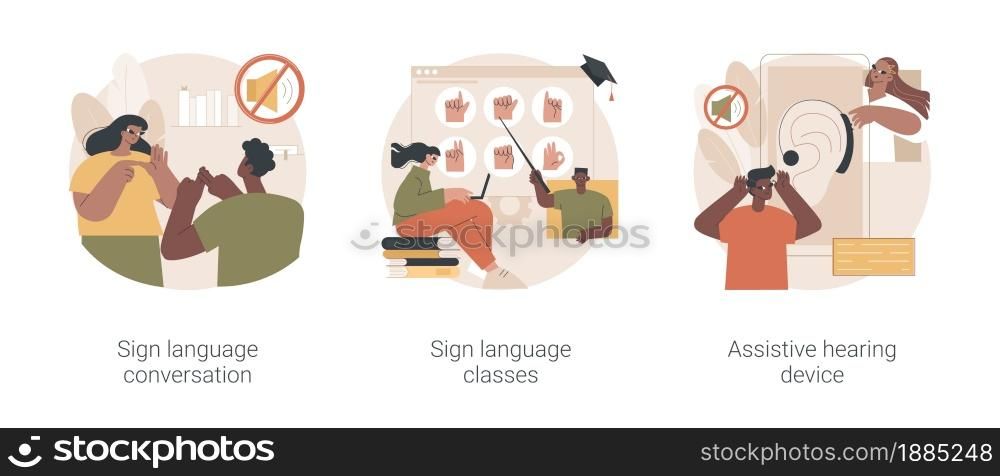 Disability communication abstract concept vector illustration set. Sign language conversation, silent speech classes, assistive hearing device, hand alphabet, deaf people abstract metaphor.. Disability communication abstract concept vector illustrations.