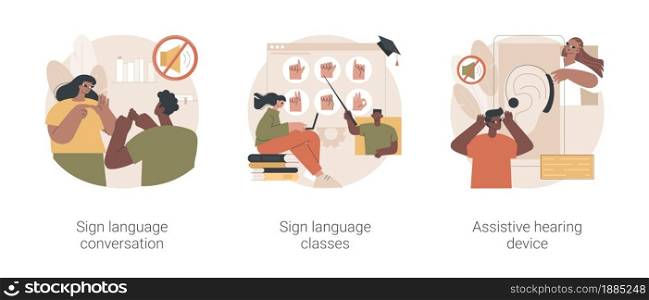 Disability communication abstract concept vector illustration set. Sign language conversation, silent speech classes, assistive hearing device, hand alphabet, deaf people abstract metaphor.. Disability communication abstract concept vector illustrations.