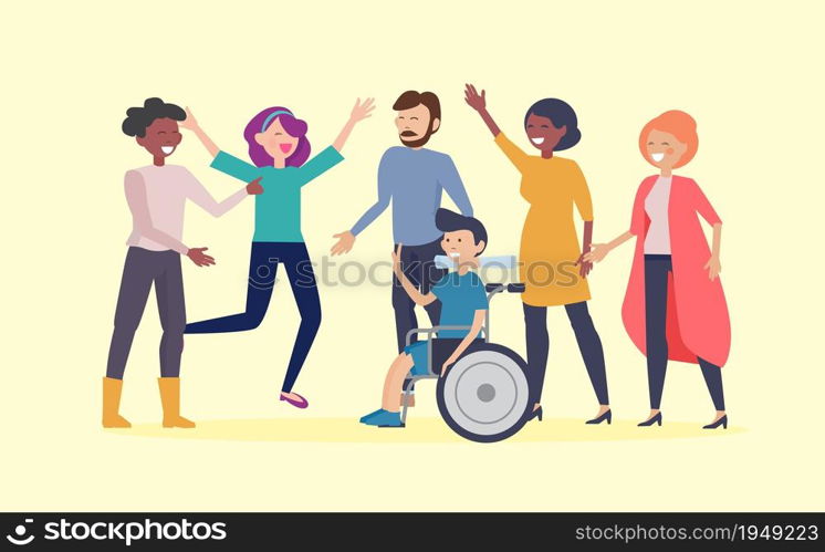 Disability day poster. Happy disabled man in wheelchair and friends. Equal opportunities and social adaptation for special needs people vector. Illustration disabled in wheelchair, handicapped man. Disability day poster. Happy disabled man in wheelchair and friends. Equal opportunities and social adaptation for special needs people vector concept