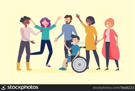 Disability day poster. Happy disabled man in wheelchair and friends. Equal opportunities and social adaptation for special needs people vector. Illustration disabled in wheelchair, handicapped man. Disability day poster. Happy disabled man in wheelchair and friends. Equal opportunities and social adaptation for special needs people vector concept