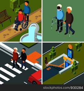 Disability in city. Urban healthcare invalids wheelchairs walkers crutches equipment and helpers persons vector concept isometric pictures. Illustration of invalid people in city, person wheelchair. Disability in city. Urban healthcare invalids wheelchairs walkers crutches equipment and helpers persons vector concept isometric pictures