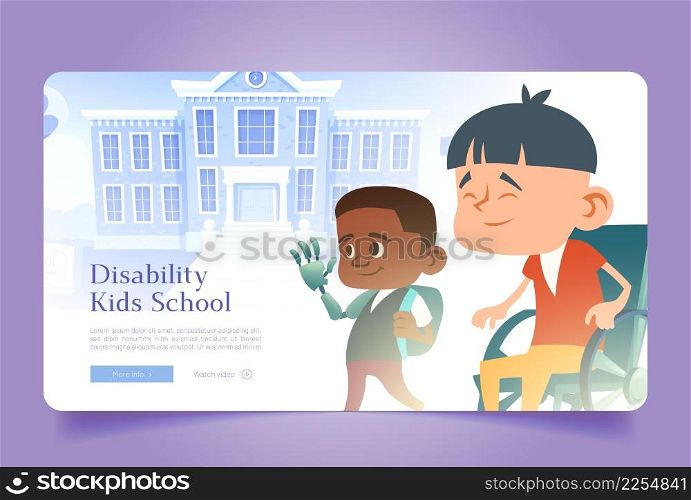 Disability kids school cartoon web banner with multiracial handicapped children, asian boy on wheelchair and asian child with hand bionic prosthesis stand front of campus building Vector illustration. Disability kids school web banner with children