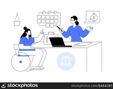 Disability pension abstract concept vector illustration. Citizen with disability talking with government representative, social security, financial aid, social benefits abstract metaphor.. Disability pension abstract concept vector illustration.
