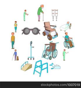 Disability people care icons set. Cartoon illustration of 16 disability people care vector icons for web. Disability people care icons set, cartoon style