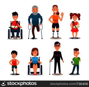 Disability people. Cartoon sick and disabled characters. Person in wheelchair, injured woman, elderly man and happy girl after accident diverse and sickness child colorful vector isolated set. Disability people. Cartoon sick and disabled characters. Person in wheelchair, injured woman, elderly man and sickness child vector set