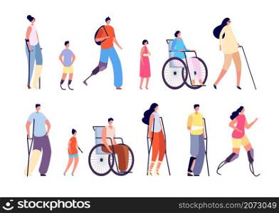 Disability people. Children trauma, people with bandages crutch in wheelchair. Disabled man woman, isolated injured person vector character. Illustration man in wheelchair, disabled people. Disability people. Children trauma, people with bandages crutch in wheelchair. Disabled man woman, isolated injured person vector character