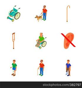 Disability people icons set. Cartoon illustration of 9 disability people vector icons for web. Disability people icons set, cartoon style