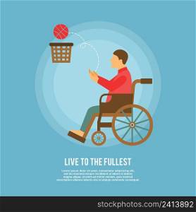 Disability sports with poster disabled man in wheelchair playing basketball vector illustration