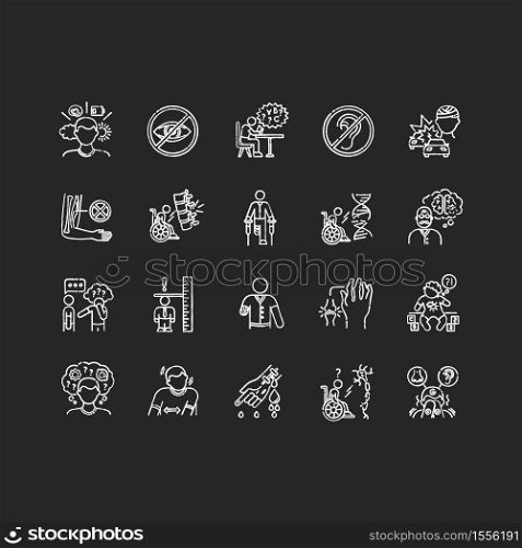 Disability types chalk white icons set on black background. Blindness and deafness. Developmental delay form dyslexia. Mental problem. Leg and hand amputee. Isolated vector chalkboard illustrations. Disability types chalk white icons set on black background
