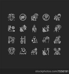 Disability types chalk white icons set on black background. Blindness and deafness. Developmental delay form dyslexia. Mental problem. Leg and hand amputee. Isolated vector chalkboard illustrations. Disability types chalk white icons set on black background