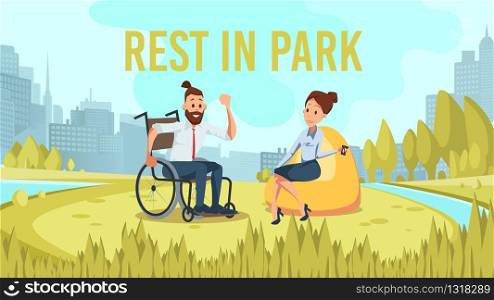 Disabled-Accessible City Park Trendy Flat Vector Banner, Poster Template. Happy Smiling Disabled Man in Wheelchair Resting in Park, Talking with Female with Colleague During Coffee Break Illustration