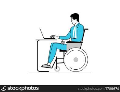 Disabled at work concept. Man sitting in a wheelchair and working at a desk with a laptop. Limited colour flat vector.