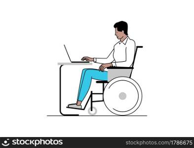 Disabled at work concept. Man sitting in a wheelchair and working at a desk with a laptop. Limited colour flat vector.