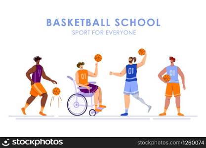 Disabled basketball players with ball, young muscular man in wheelchair, man with prosthetic leg, physical disorder or impairment basketball players, sport inclusion concept, flat people - vector. basketball player sport concept