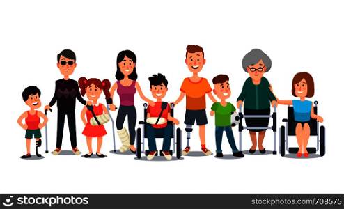 Disabled characters. Happy people with special needs. Student kid boy in wheelchair, man with disability and elderly on crutches cartoon flat vector set. Disabled characters. People with special needs. Student in wheelchair, man with disability and elderly on crutches cartoon vector set