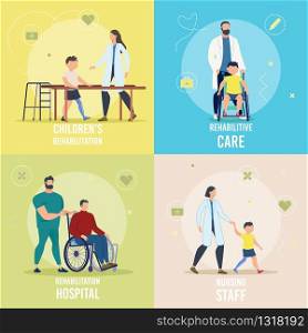 Disabled Children and Adults Rehabilitation in Hospital, Rehabilitative Care, Nursing Staff Trendy Flat Vector Square Concepts Set. Medical Professionals Helping People with Disabilities Illustration
