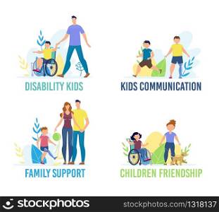 Disabled Children Communication, Friendship and Support Trendy Flat Vector Banner, Poster Template. Child with Special Needs, Handicapped Boy on Wheelchair, Injured Kid with Prosthesis Illustration