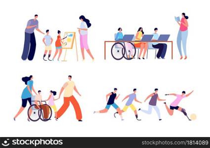 Disabled children. Disability activity, young girl in wheelchair at school. Handicapped kids in family, education for all vector concept. Girl in wheelchair, disability and rehabilitation illustration. Disabled children. Disability activity, young girl in wheelchair at school. Handicapped kids in family, education for all vector concept