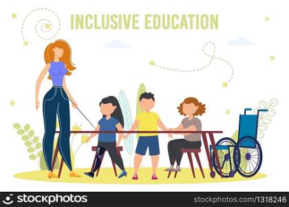 Disabled Children Education Trendy Flat Vector Banner, Poster Template. Teacher Teaching Handicapped Kids, Pupils with Disabilities, Child with Prosthesis in Inclusive School Class Illustration