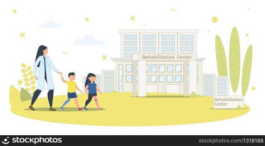 Disabled Children Effective Rehabilitation in Modern Medical Center or Clinic Trendy Flat Vector Concept. Boy and Girl with Disabilities Walking with Doctor or Nurse on Hospital Yard Illustration