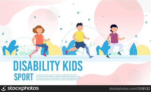 Disabled Children Physical Rehabilitation with Sport Activities Trendy Flat Vector Banner, Poster Template. Little Boy and Girl with Robotized Leg Prosthesis Running Together in Park Illustration