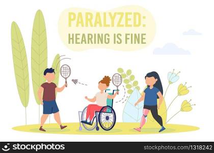 Disabled Children Recreation Trendy Flat Vector Banner, Poster Template. Child with Disability, Paraplegic Girl in Wheelchair and Leg Prosthesis Playing Badminton with Friends Outdoor Illustration