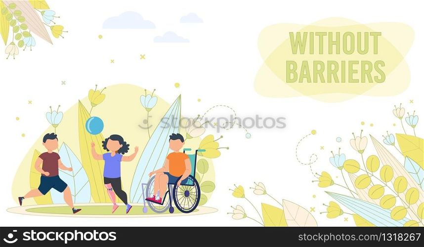 Disabled Children Social Integration, Support Trendy Flat Vector Banner Template. Child with Disabilities, Injured Boy and Girl, Kid with Special Needs on Wheelchair Playing with Friends Illustration