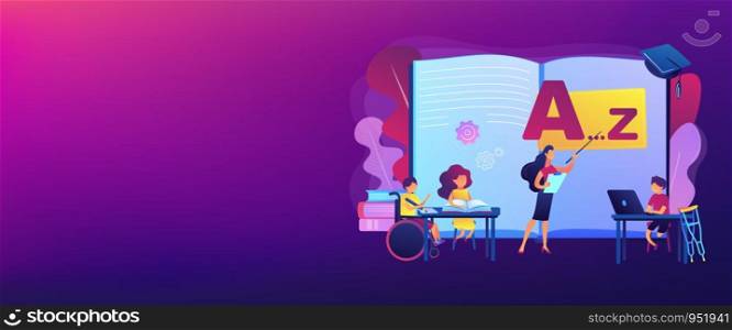 Disabled children studying in school. Learning program. Inclusive education, social and communicative competence, inclusive environment concept. Header or footer banner template with copy space.. Inclusive education concept banner header