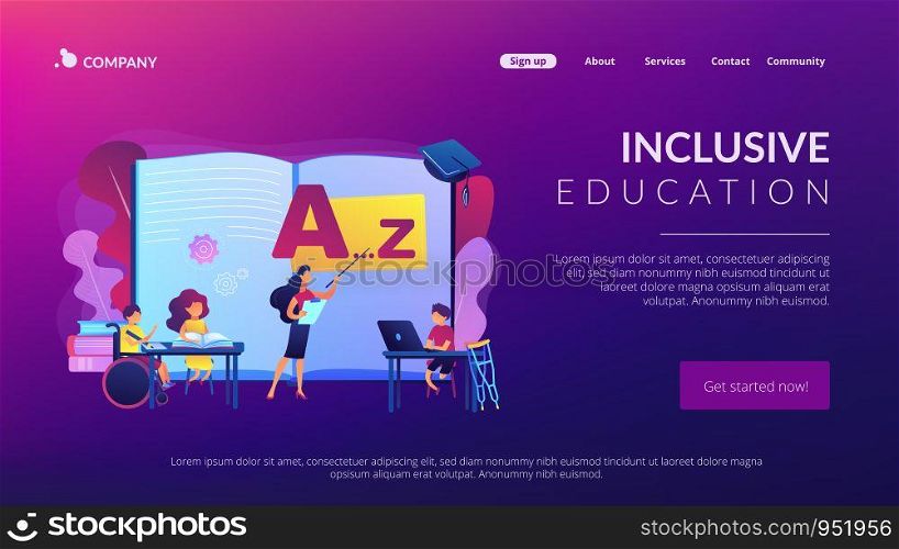 Disabled children studying in school. Learning program. Inclusive education, social and communicative competence, inclusive environment concept. Website homepage landing web page template.. Inclusive education concept landing page