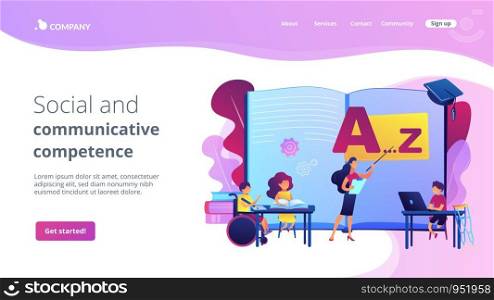 Disabled children studying in school. Learning program. Inclusive education, social and communicative competence, inclusive environment concept. Website homepage landing web page template.. Inclusive education concept landing page