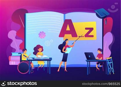 Disabled children studying in school. Learning program. Inclusive education, social and communicative competence, inclusive environment concept. Bright vibrant violet vector isolated illustration. Inclusive education concept vector illustration