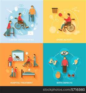 Disabled flat icons set with limited opportunities sport activity hospital treatment birth defects isolated vector illustration