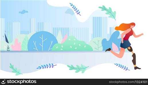Disabled Girl Runs Through City Cartoon Flat. Vector Illustration. Young Girl Without Leg Runs Distance Using Modern Prosthesis. Summer Rehabilitation for Physically Disabled People.