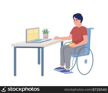 Disabled guy working on laptop semi flat color vector character. Editable figure. Full body person on white. Home office simple cartoon style illustration for web graphic design and animation. Disabled guy working on laptop semi flat color vector character