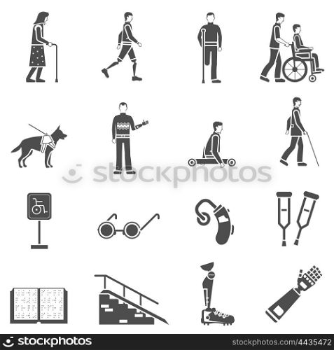 Disabled Handicapped People Black Icons Set . Disabled and elderly people accessories black icons set with crutches canes and wheelchair abstract isolated vector illustration