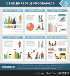 Disabled infographics set with social help hospital treatment and charts vector illustration