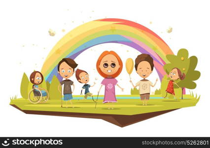 Disabled Kids Cartoon Style Illustration. Disabled kids on wheelchair with crutch and with prosthetic limbs on rainbow background cartoon style vector illustration