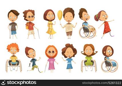 Disabled Kids Set. Set of disabled kids on wheelchair with crutch and prosthetic limbs blind persons isolated vector illustration