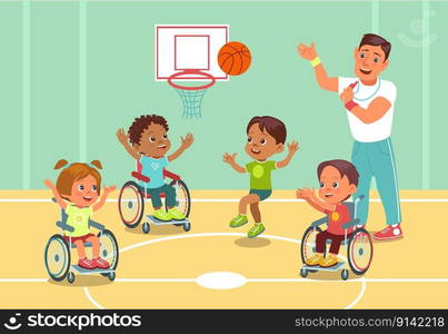 Disabled kids sport. Physical teacher trains children in wheelchairs. Young athletes with disabilities play basketball. Handicapped teens and trainer on streetball gym court. Splendid vector concept. Disabled kids sport. Physical teacher trains children in wheelchairs. Athletes with disabilities play basketball. Handicapped teens and trainer on streetball court. Splendid vector concept