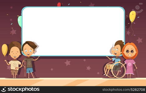 Disabled Kids With Banner Cartoon Design. Disabled kids with white blank banner on dark background with decoration cartoon and retro design vector illustration