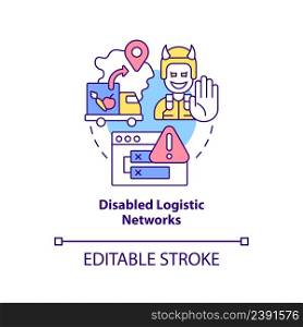 Disabled logistic networks concept icon. Form of information warfare abstract idea thin line illustration. Isolated outline drawing. Editable stroke. Arial, Myriad Pro-Bold fonts used. Disabled logistic networks concept icon