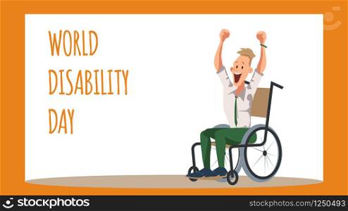 Disabled Male Office Worker Rejoice in Wheelchair. Coworker in Formal Wear Express Emotion. Celebrate World Disability Day. Happy Character with Special Needs. Cartoon Flat Vector Illustration. Disabled Male Office Worker Rejoice in Wheelchair