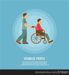 Disabled male person sitting in wheelchair and hospital assistant poster vector illustration