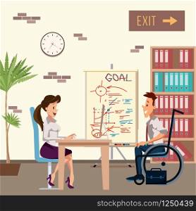 Disabled Man have Job Interview with Office Woman. Character Sit in Wheelchair. Female Manager at Work Desk with Computer. Conversation at Modern Creative Workplace. Cartoon Flat Vector Illustration. Disabled Man have Job Interview with Office Woman