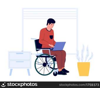 Disabled man work at home. Cartoon male sits in wheelchair with laptop. Accessible remote job for handicapped people. Freelance worker occupation. Equal opportunities for invalids. Vector illustration. Disabled man work at home. Male sits in wheelchair with laptop. Accessible job for handicapped people. Freelance worker occupation. Equal opportunities for invalids. Vector illustration