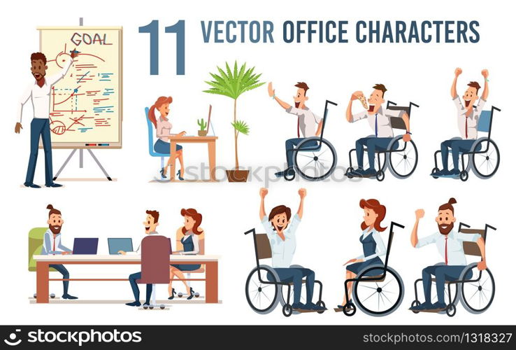 Disabled Office Workers, Employees Isolated Trendy Flat Vector Characters Set. Happy Men and Women Sitting in Wheelchair, Working at Meeting, Presenting Business Plan for Colleagues, Illustrations