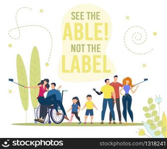 Disabled People Active and Full Life Trendy Flat Vector Concept. Paraplegic Man in Wheelchair, Disabled Teenager, Children with Limb Prosthesis Standing Together, Shooting Mobile Selfie Illustration