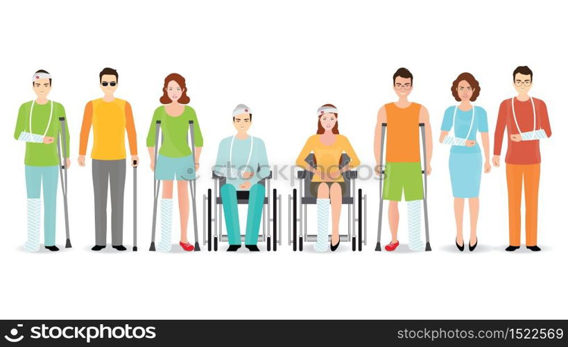 Disabled people banner isolated on white, Invalid persons, blind man, broken arm, people on wheelchair, prosthetic arms and legs. Healthcare assistance and accessibility concept, cartoon character vector illustration.