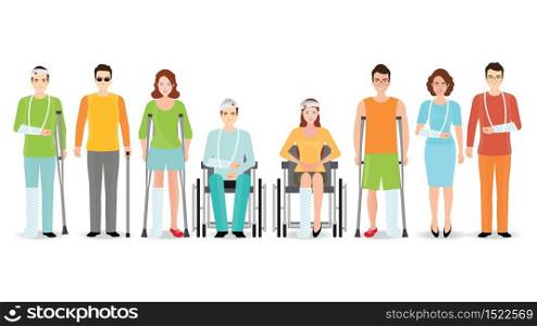 Disabled people banner isolated on white, Invalid persons, blind man, broken arm, people on wheelchair, prosthetic arms and legs. Healthcare assistance and accessibility concept, cartoon character vector illustration.